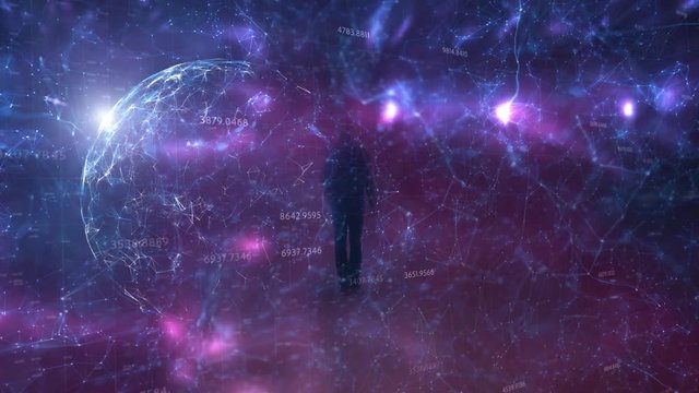 Abstract blurry cyberspace globe with silhouette of a walking man.