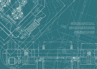 Blueprint, Sketch. Vector engineering illustration. Cover, flyer, banner, background. Instrument-making drawings. Mechanical engineering drawing. Technical illustrations, backgrounds. Scheme, plan