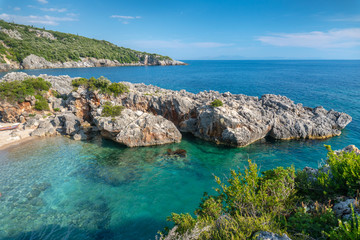 Fototapeta na wymiar Beautiful seascape. Beach on coast of Sea in Albania, Ksamil, near Greece island Corfu