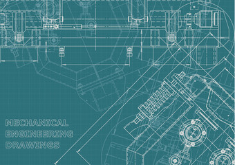 Blueprint, Sketch. Vector engineering illustration. Cover, flyer, banner, background. Instrument-making drawings. Mechanical engineering drawing. Technical illustrations, backgrounds. Scheme, plan