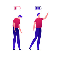 Vector modern flat person battery charging illustration. Color set of tired and success men isolated on white background. Concept of business, mood, emotion, depression, idea. Design element
