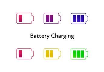 Vector battery charging icons set. Color red, green, yellow and violet flat modern icon isolated on white background. Design element for phone, gadget, powerbank recharging.