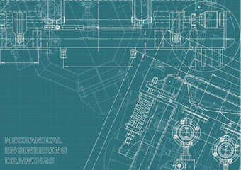Blueprint, Sketch. Vector engineering illustration. Cover, flyer, banner, background. Instrument-making drawings. Mechanical engineering drawing. Technical illustrations, backgrounds. Scheme, plan