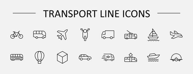 Set of Public Transport Related Vector Line Icons. Contains such Icons as Bus, Bike, Scooter, Car, balloon, Truck, Tram, Trolley, Sailboat, powerboat, Airplane and more. Editable Stroke. 32x32 Pixel