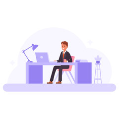 Modern workplace concept in office room with man worker character.