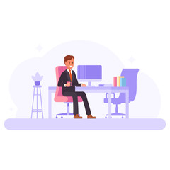 Modern workplace concept in office room with man worker character.