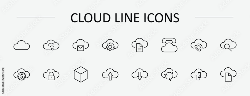 Poster set of cloud vector line icon. it contains symbols to upload, download, link and more. editable stro