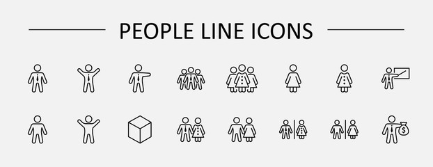 Set of people vector line icons. It contains the symbols of a man, a woman, a family, a toilet, a businessman, a teacher, and much more. Editable Stroke. 32x32 pixels.