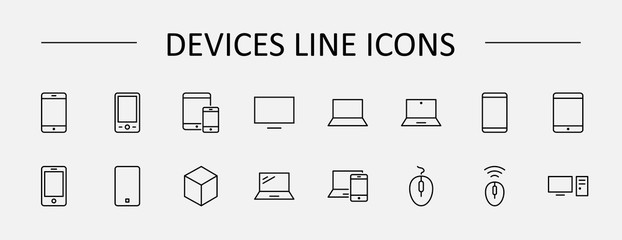 Set of smart devices and gadgets, computer equipment and electronics. Electronic devices icons for web and mobile vector line icon. Editable Stroke. 32x32 pixels.