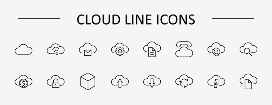 Set of cloud vector line icon. It contains symbols to upload, download, link and more. Editable Stroke. 32x32 pixels.