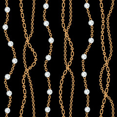 Seamless pattern background with gemstones and chains golden metallic necklace. On black. Vector illustration
