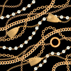 Seamless pattern background with pearls, tassel and chains golden metallic necklace. On black. Vector illustration