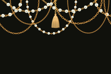 Background with golden metallic necklace. Tassel, pearls and chains. On black. Vector illustration