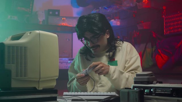Guy from the '80s or '90s playing a video game on his CRT TV using a controller. Retro scene with vintage colors and atmosphere.