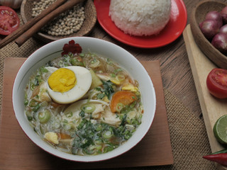 Indonesian chicken soto or soto ayam, served with white rice