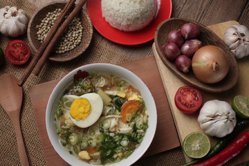 Indonesian chicken soto or soto ayam, served with white rice