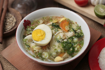 Indonesian chicken soto or soto ayam, served with white rice
