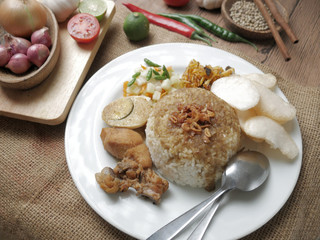 Nasi Campur, Indonesian Mixed Rice with Chicken Curry