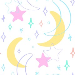 Naklejka premium Soft pastel colors seamless repeat pattern with crescent moons and twinkling stars