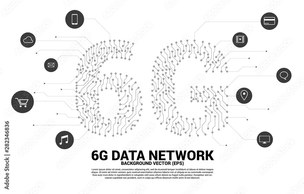 Poster Vector 6G dot connect line circuit board style mobile phone icon. Concept for data transfer of mobile data network.