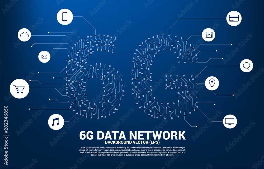 Poster Vector 6G dot connect line circuit board style mobile phone icon. Concept for data transfer of mobile data network.