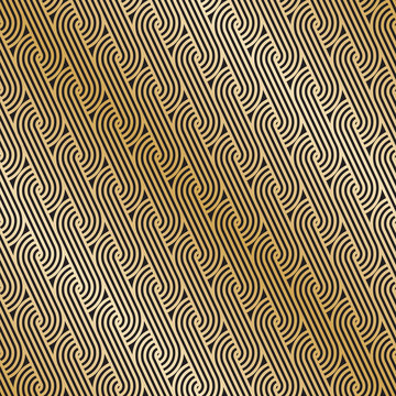 Seamless gold Art Deco curling wave pattern background