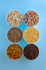 Variety of colorful cereals for breakfast