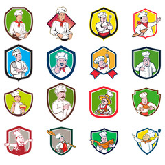Set or Collection of cartoon character style illustration of bust of a chef, baker or cook set inside crest or shield on isolated white background.