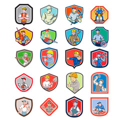 Set or Collection of cartoon character icon style illustration of construction worker, carpenter,engineer or builder set in crest or shield on isolated white background.