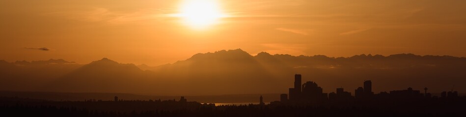 Panorama of Seattle Skyline Sunset