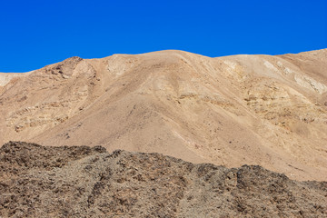 sand and rocky dunes wilderness empty desert scenic landscape environment with nothing and nobody, blue sky background 