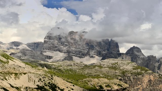 Scenic Italian Dolomites Peaks During Stormy Summer Day. Misurina, Italy. Time Lapse Video.