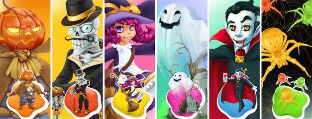Happy Halloween. Scarecrow pumpkin, skeleton, witch, ghost, vampire, spider. 3d vector background