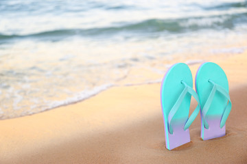 Fototapeta na wymiar Stylish flip flops on sand near sea, space for text. Beach accessories