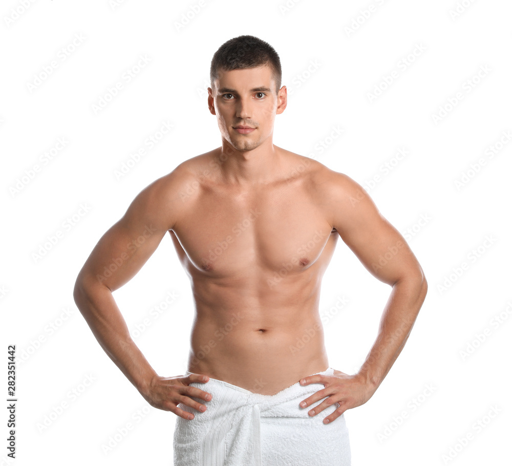 Poster Young man with slim body on white background