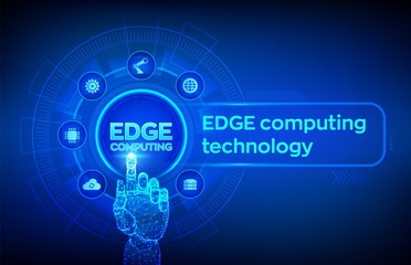 Edge computing modern IT technology on virtual screen concept. Edge computing industry 4.0 concept. Internet of things. Robotic hand touching digital interface. Vector illustration.
