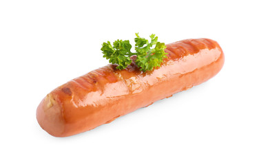Delicious grilled sausage on white background. Barbecue food