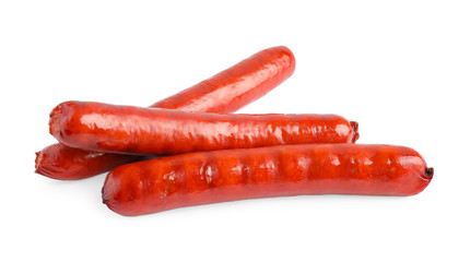 Delicious grilled sausages on white background. Barbecue food