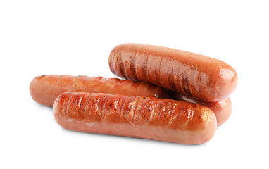 Delicious grilled sausages on white background. Barbecue food