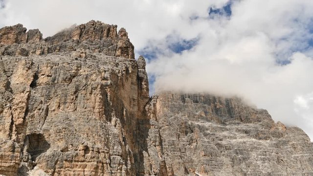Time Lapse of Clouds Covered Peaks of Cime di Lavaredo Mountain Range in Misurina, Italy.