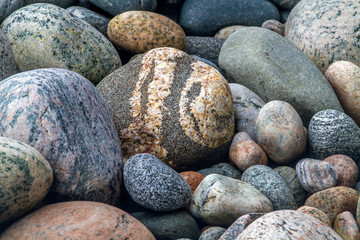 Fototapeta na wymiar large smooth colorful rocks on Newfoundland beach
