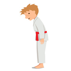 Boy in uniform bows. Dojo greeting. Vector illustration.
