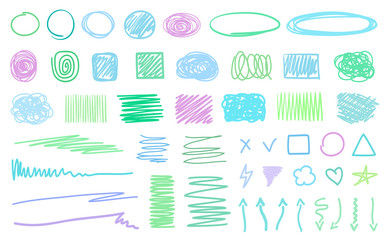 Multicolored hatching shapes with array of lines on white. Wavy geometric samples. Hand drawn tangled patterns. Colorful illustration. Sketchy elements for design