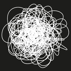 Hand drawn lines on isolated black background. Chaotic shape with hatching. Wavy tangled doodle. Black and white illustration