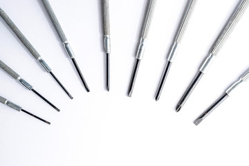 Mini screwdriver set closeup macro isolated on white background