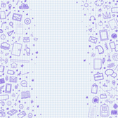 Obraz premium Abstract pattern with school supplies. Graphic paper background. Checkered texture. Back to school. Hand drawn elements. Education concept