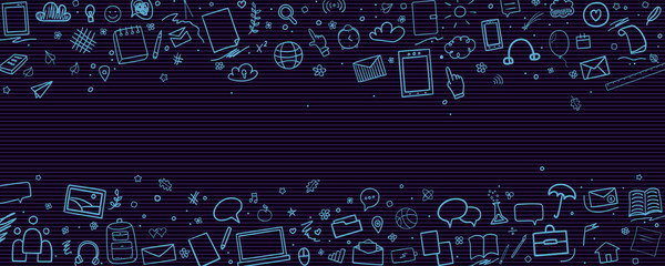 Back to school. Striped pattern. Abstract sketchy background with hand drawn school supplies. Banner design. Education concept