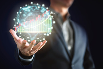 businessman with virtual reality mixed media. Concept of Business technology and digital marketing.