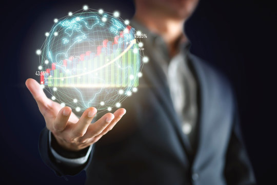 businessman with virtual reality mixed media. Concept of Business technology and digital marketing.