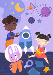 Two young children playing with a spaceship, stars and planets and rabbit in astronaut suit in their nursery in a colorful Vector Cartoon illustration